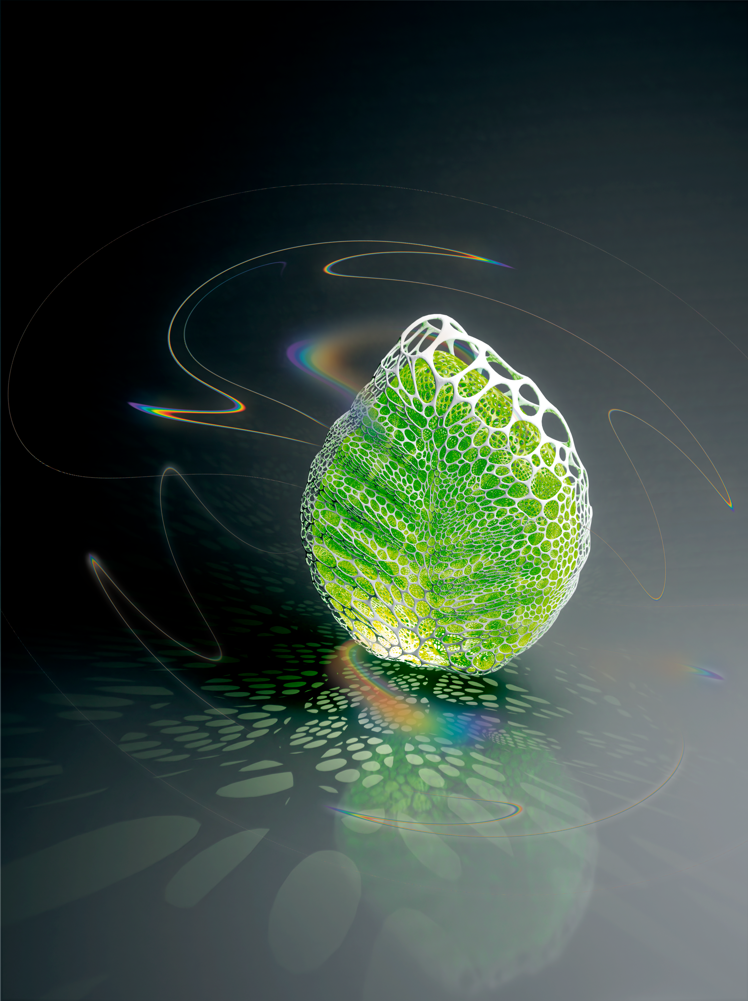 Biomimetic structures transform light into colour, revealing hidden material potential. Blender 3D and Photoshop compositing.