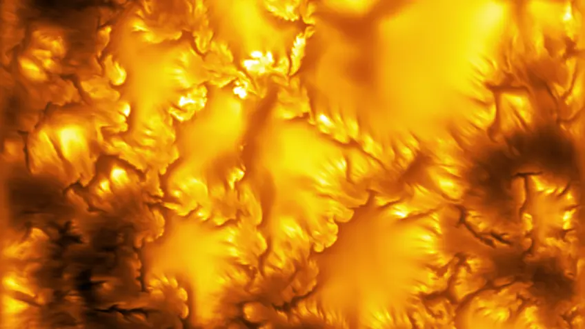 The highest-resolution image of the Sun's surface (photosphere) ever captured, taken at 416 nanometers by the Inouye Solar Telescope. At the edges of the solar granules, the image reveals fringed-looking structures that display swirling motions.